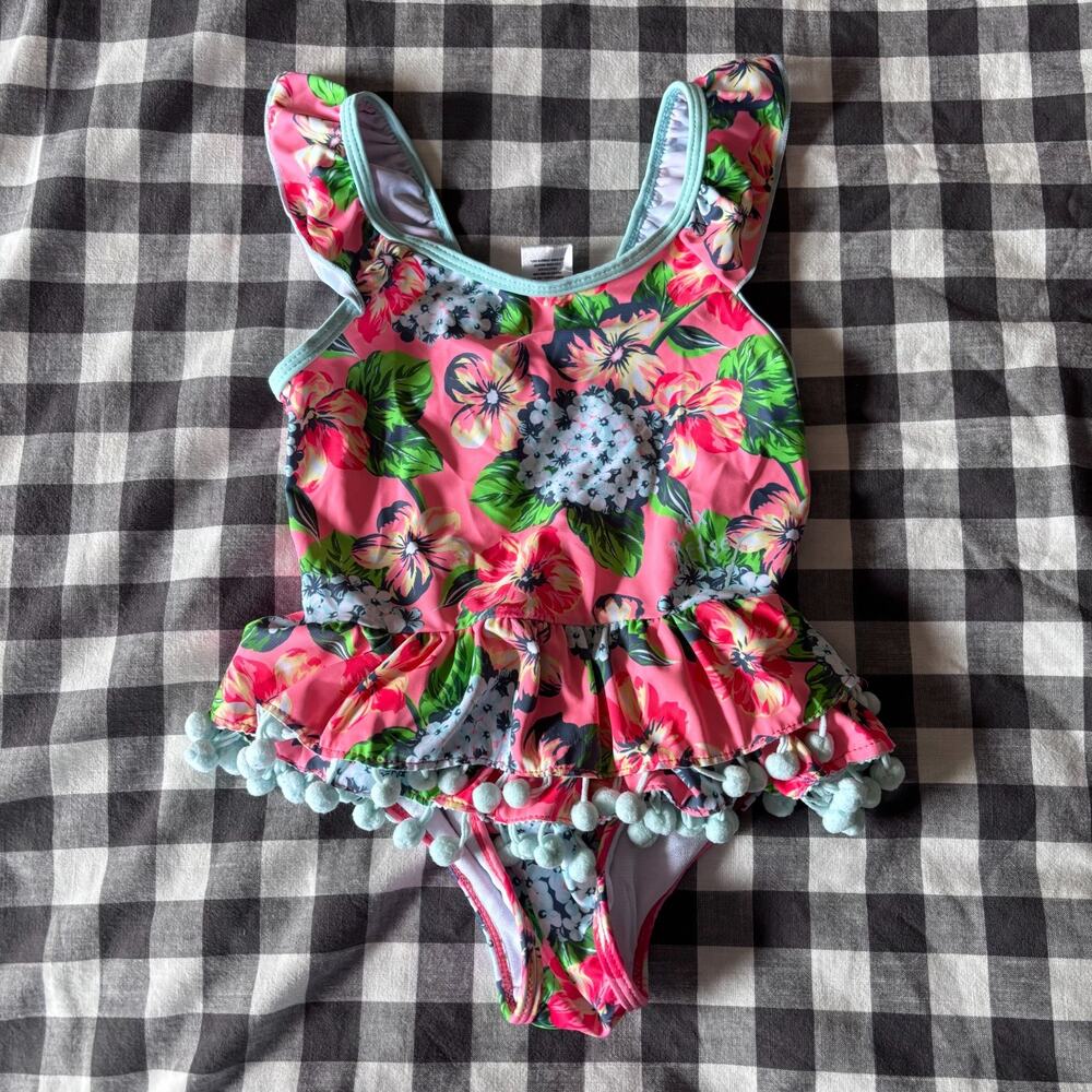 Betsey Johnson Girls Floral One Piece Swimsuit Pom Pom Size 5y Pink Blue